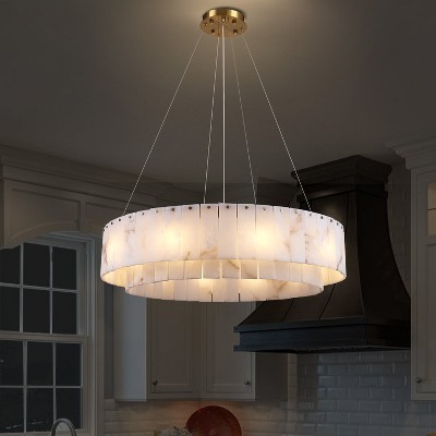 CityFurn 31" 10-Light Alabaster Drum Chandelier 2-Tier Gold Pendant Lights