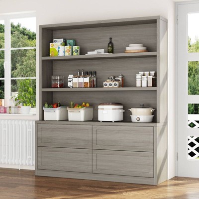 Famapy Minimalist Light Gray Kitchen Storage Cabinet,Pantry Organizer,Open Shelves+Drawers for Organized Pantry/ Dining Room