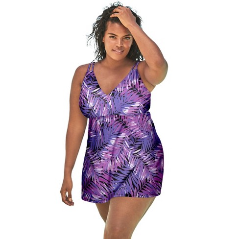 Plus Size Black Plunge Bodycon Tummy Control Swim Dress