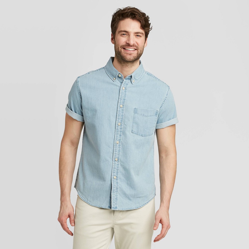 Men's Standard Fit Short Sleeve Denim Shirt - Goodfellow & Co Light Wash L, Light Blue was $19.99 now $12.0 (40.0% off)