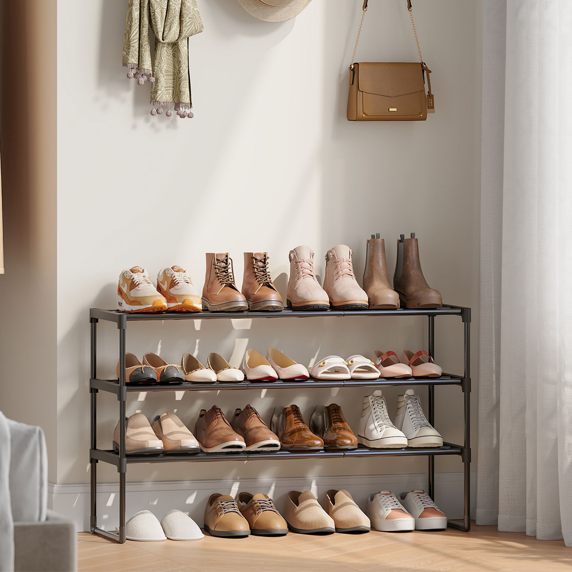 LEDREM 3-Tier Steel, PP Plastic Shoe Storage Shelf, Stackable Shoe Organizer, for Entryway