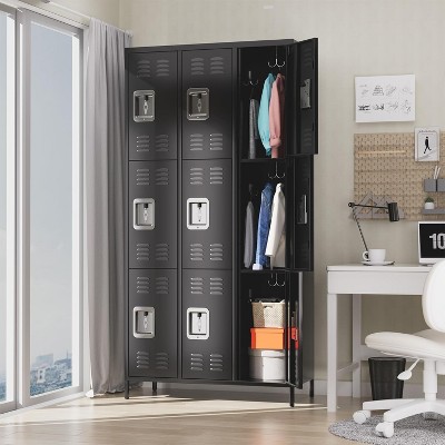 9 Doors Metal Office Storage Cabinet, Metal Lockers for Employees with 27 Hooks and 9 Shelves, Steel Storage Cabinet Locker for Home, Office, Black