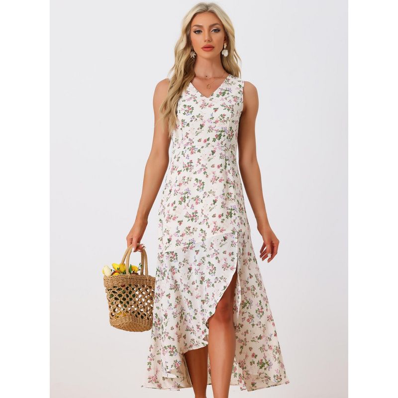 Allegra K Women's Floral Print Summer A-Line High Low Side Slit Sleeveless Midi Dress, 3 of 6