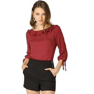 Allegra K Women's Vintage 3/4 Sleeve Boat Neck Ruffled Dots Print Blouse - 1 of 4