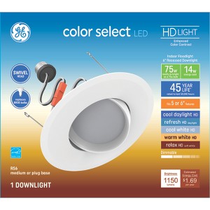 GE Household Lighting 6'' Color Select LED 75W Recessed Wafer Downlight with Swivel Head - 1 of 4