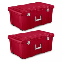 Sterilite 23 Gallon Lockable Storage Tote Footlocker Toolbox Container Box w/ Wheels, Handles, Metal Hinges, & Latches, Infra Red w/ Clips, 2 Pack