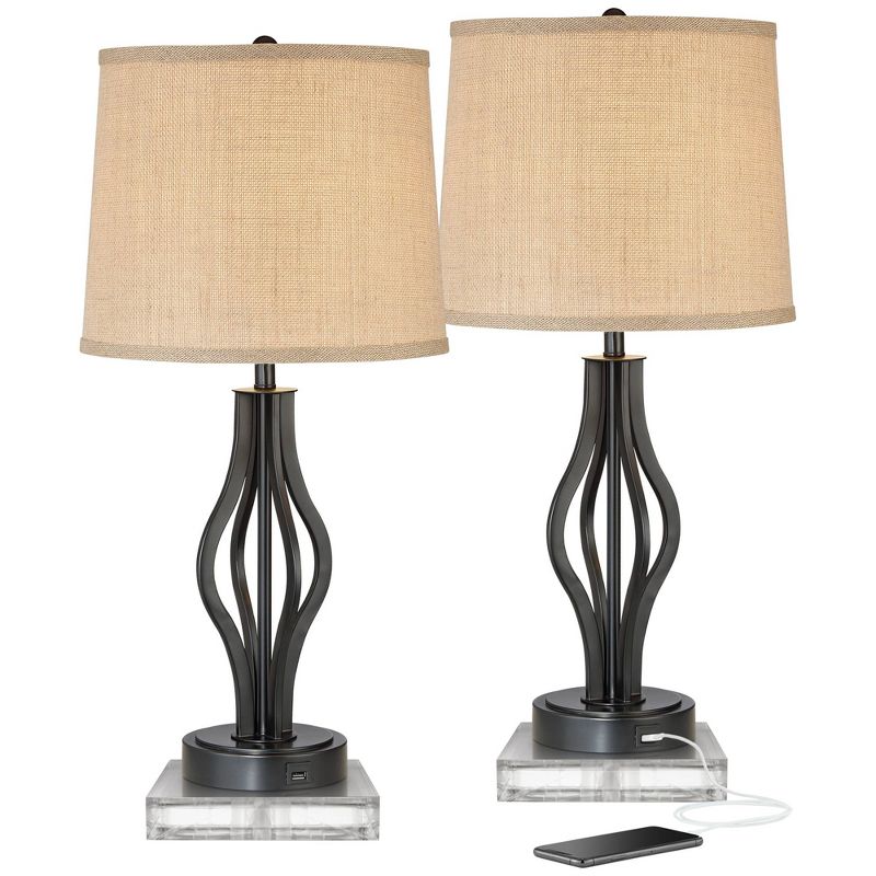 360 Lighting Heather Modern Table Lamps Set of 2 with Square Risers 27 1/4" Tall Dark Iron USB Charging Port Burlap Drum Shade for Bedroom Living Room, 1 of 7