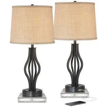360 Lighting Heather Modern Table Lamps Set of 2 with Square Risers 27 1/4" Tall Dark Iron USB Charging Port Burlap Drum Shade for Bedroom Living Room