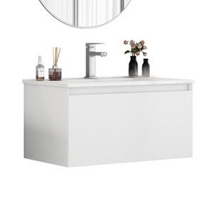 Gulches 32 in 1 Sink Wall-Mounted Vanity Matt White Bath Vanity with White Ceramic Top 1 Big Soft-Close Drawer Handle-Free - 1 of 4