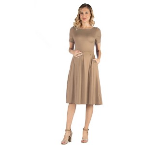 24seven Comfort Apparel Maternity Midi Dress with Short Sleeve and Pocket Detail - 1 of 4