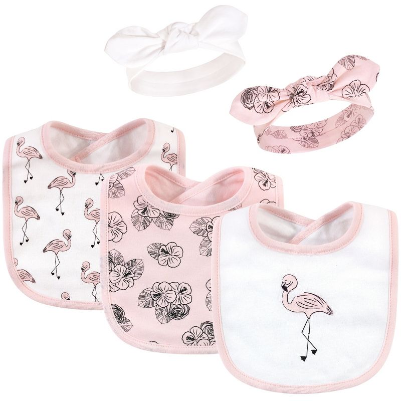 Hudson Baby Infant Girl Cotton Bib and Headband Set 5pk, Painted Flamingo, One Size, 1 of 8