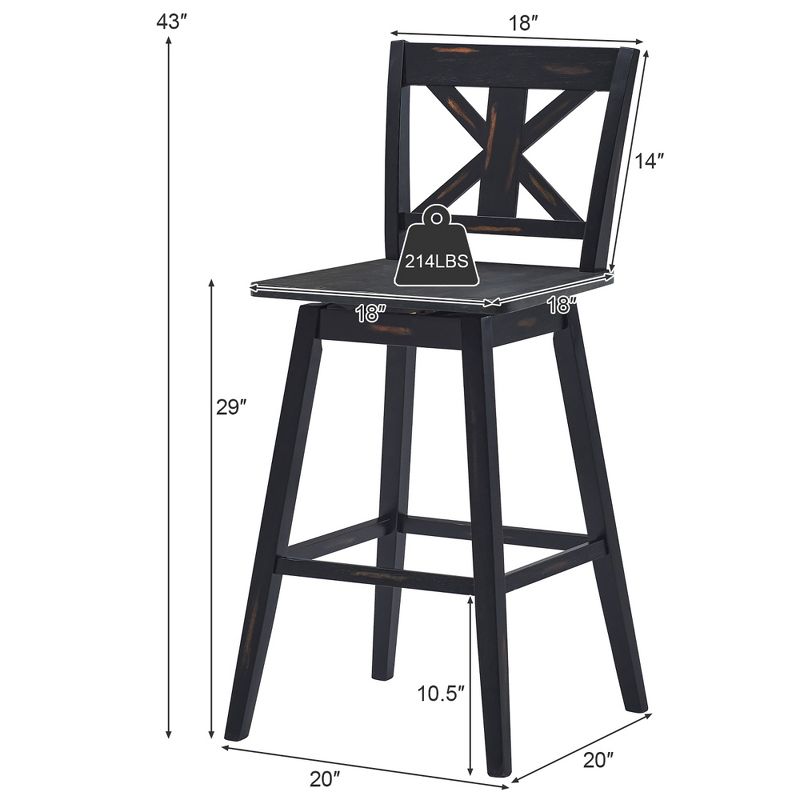 Costway Set of 2 Bar Stools Swivel Pub Height Chairs w/ Rubber Wood Legs White\Black, 3 of 9