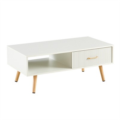 OUTSUPPLY Modern Rectangle Coffee Table with Sliding Drawer, Solid Wood Legs