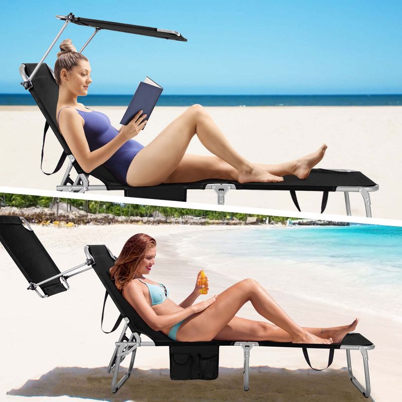 Costway 2 PCS Foldable Sun Shading Lounge Chair Adjustable Beach Sunbathing Recliner Black, 2 of 11