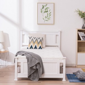 KTMBDW Twin Size Wood Platform Bed Frame, Single Bed with Headboard, No Box Spring Needed Panel Bed, Wood Slat Support Mattress Foundation - 1 of 4