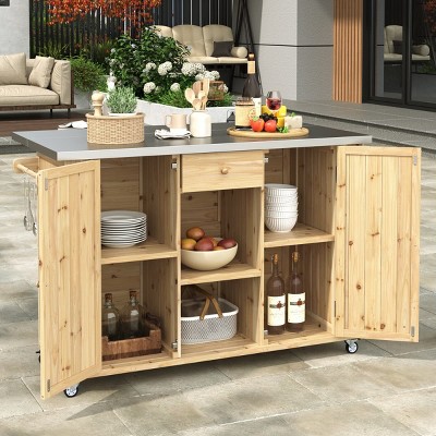 Outdoor Kitchen Island Cart with Foldable Stainless Steel Top, Spice Racks, Storage Shelves, Towel Bars and Locking Wheels for Patio-The Pop Home