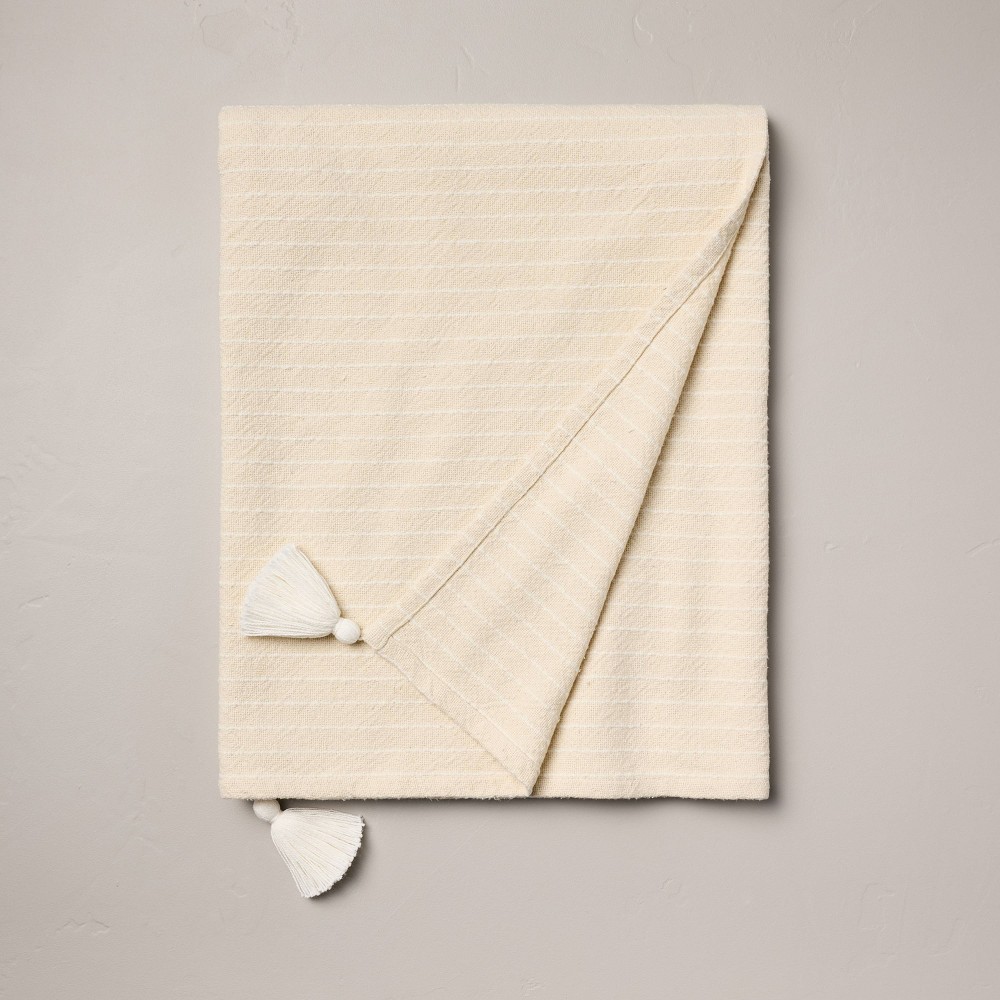 Photos - Duvet Pinstripe Woven Throw Blanket with Corner Tassels Natural - Hearth & Hand™