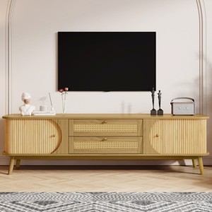 66.9" Mid-Century Modern TV Stand with Sliding Doors & Rattan Drawers for Living Room, Fits 75 Inch TV-3irtyhousy - 1 of 4