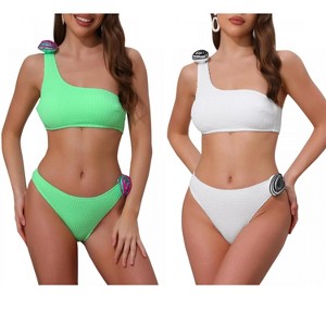 INSPIRE CHIC Women's 3D Rose Floral One Shoulder Ribbed Triangle Bottoms Swimwear Bathing Bikini Suits 2 Sets - 1 of 4