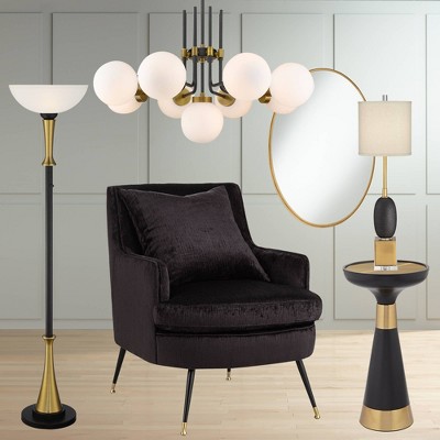 Art Deco Inspired Black Brass Torchiere Floor Lamp with Frosted Glass