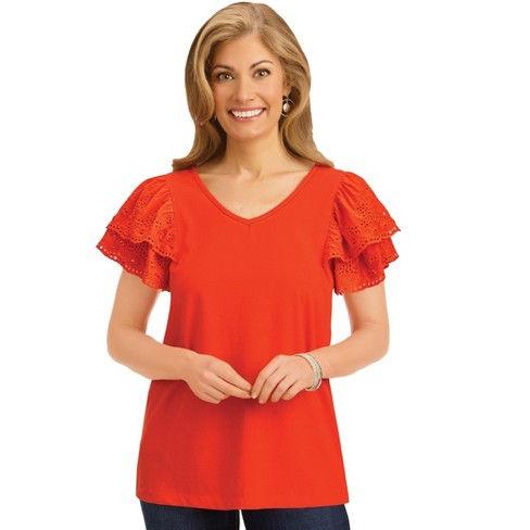 Collections Etc Stylish Double Flutter Sleeve V-neck Top Medium Coral ...