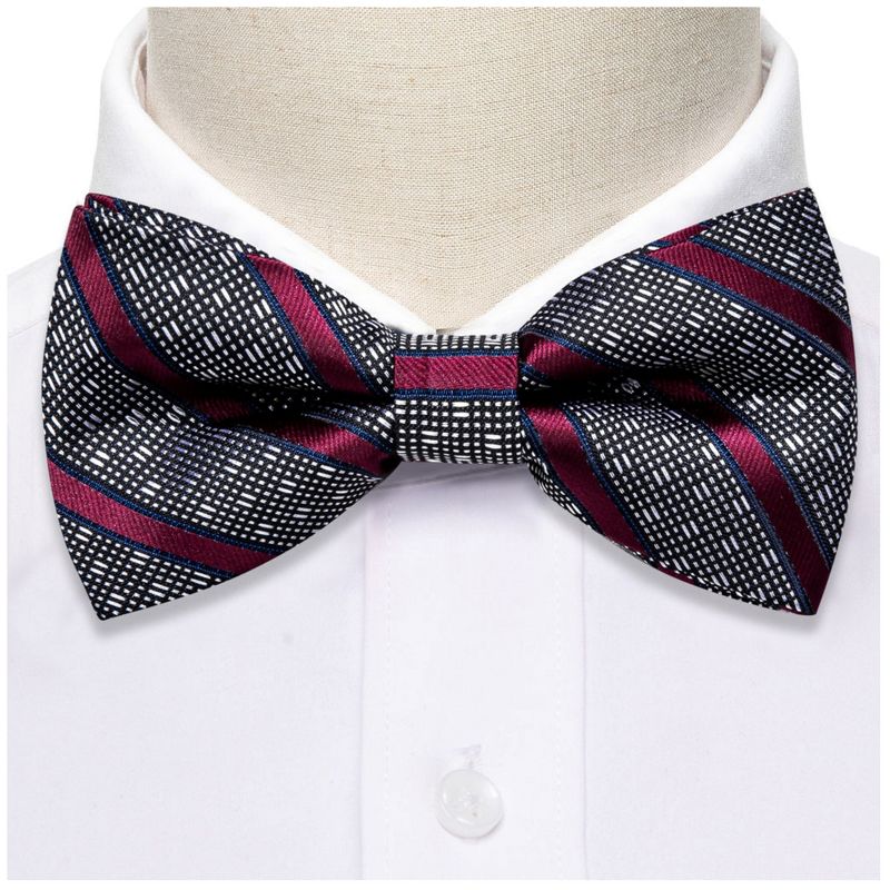 Men's Burgundy And Black Striped 100% Silk Pre-Tied adjustable Bow Tie Pocket Square Cufflinks Set, 3 of 5