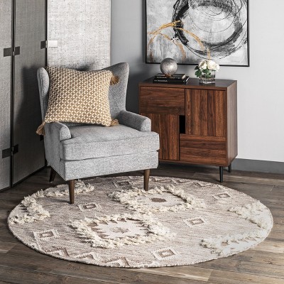 Savannah Beige Round Wool Shag Area Rug with Braided Tassels