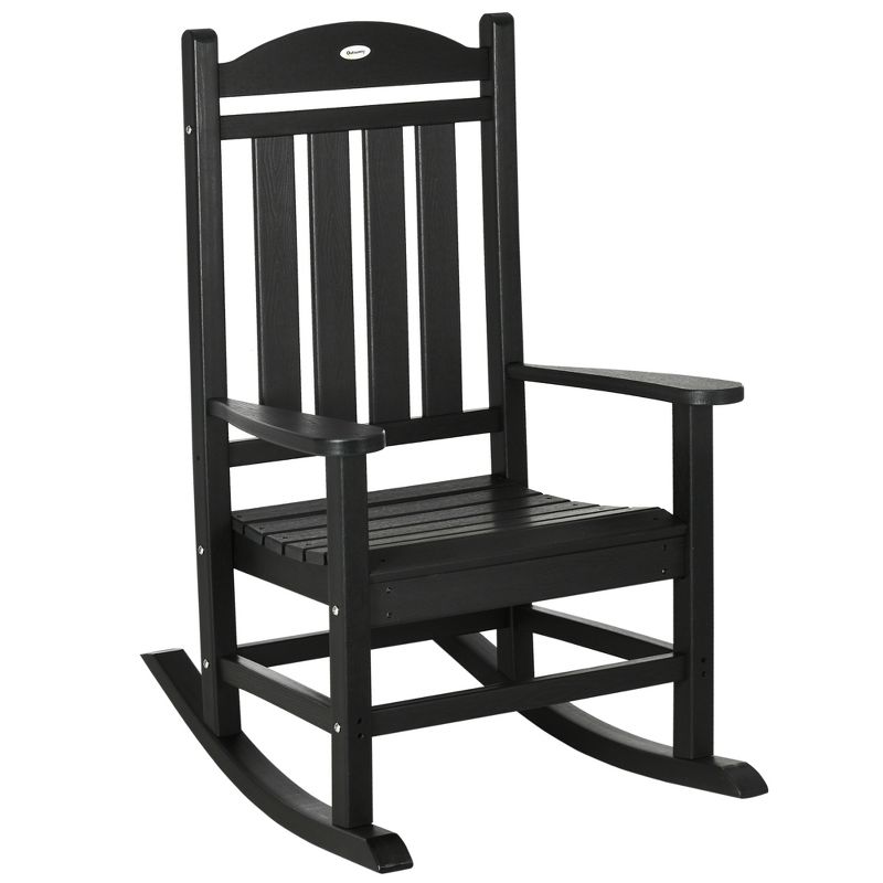Outsunny Outdoor Rocking Chair, Traditional Slatted Porch Rocker,  with Armrests, Fade-Resistant Waterproof HDPE for Indoor & Outdoor, Black, 1 of 7