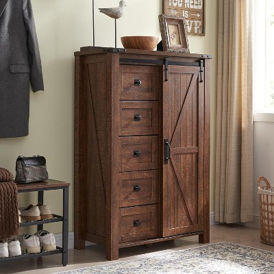 SinCiDo Farmhouse Modern 5 Drawer Tall Dresser w/Sliding Barn Door, Storage Organizer Dresser for Bedroom, Living Room & Kids Room