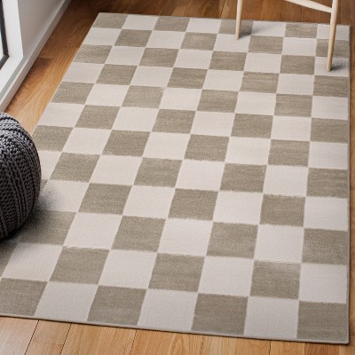 Beige and Cream Geometric Checkerboard 3 x 5 Area Rug