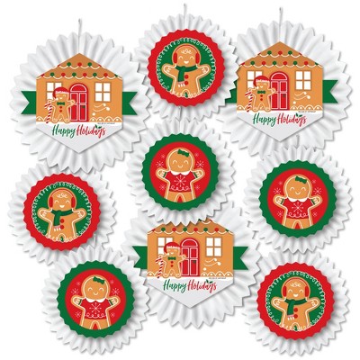 Big Dot of Happiness Gingerbread Christmas - Hanging Gingerbread Man Holiday Party Tissue Decoration Kit - Paper Fans - Set of 9