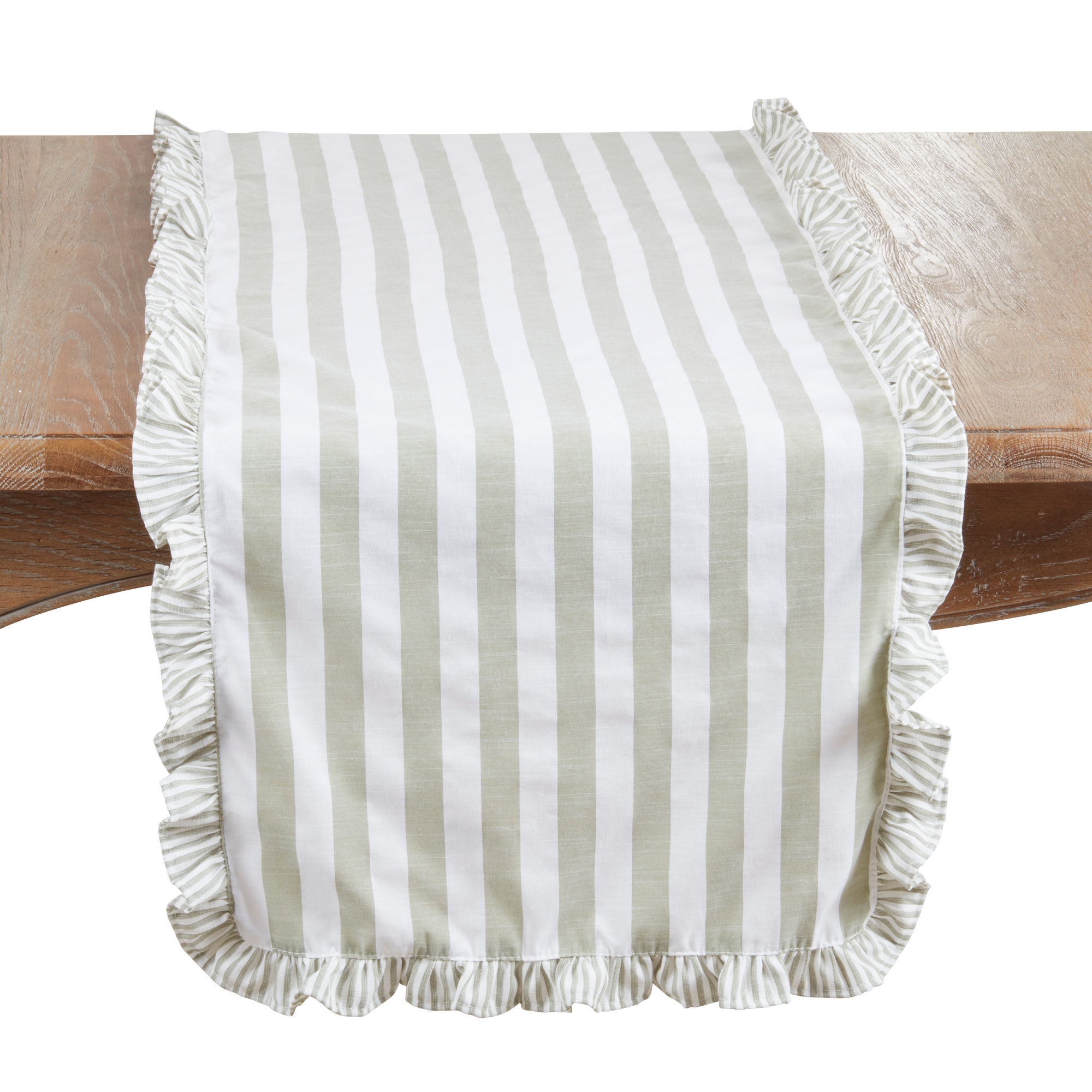 Saro Lifestyle Striped Ruffle Edge Table Runner – Decorative Non-Reversible Cotton Blend Table Runner for Dining Table, 16"x72", Green