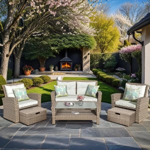 ELJGET 4-Piece Patio Furniture Set, All Weather PE Wicker Sectional Sofa with Ottoman and Cushions - 1 of 4