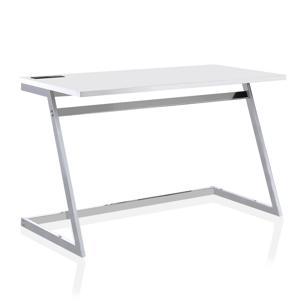 Whaligoe Writing Desk High Gloss White/Chrome Plating - miBasics: Built-In Power Strip, USB Ports, Steel Frame