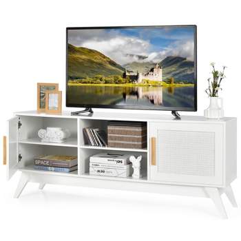 Tangkula TV Console Table with Storage for TV up to 65" Wood Entertainment Center w/Rattan Cabinets for Living Room Bedroom White
