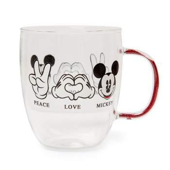 Silver Buffalo Disney "Peace Love" Mickey Mouse Glitter Handle Glass Mug | Holds 14 Ounces