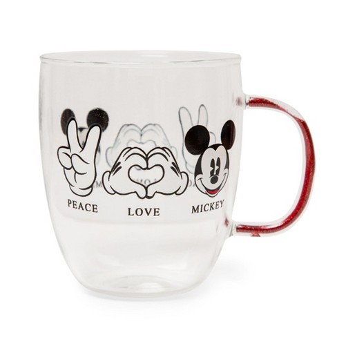 Silver Buffalo Disney Peace Love Mickey Mouse Glitter Handle Glass Mug |  Holds 14 Ounces
