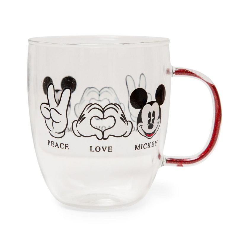 Silver Buffalo Disney "Peace Love" Mickey Mouse Glitter Handle Glass Mug | Holds 14 Ounces, 1 of 7