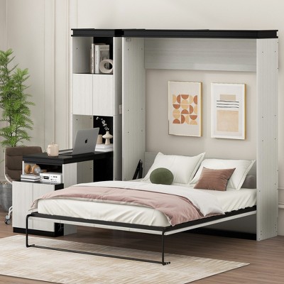 Full Size Wall Murphy Bed Multifunctional Foldable Platform Bedframe with Desk, Storage Shelves and Cabinets, Black+White-ModernLuxe