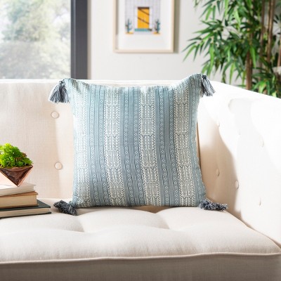 Lunette 16" Blue and White Striped Pillow with Tassels