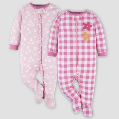 Image of Gerber Baby 2pk Gingham Daisies Zip-Front Sleep N' Play - Pink 0-3M