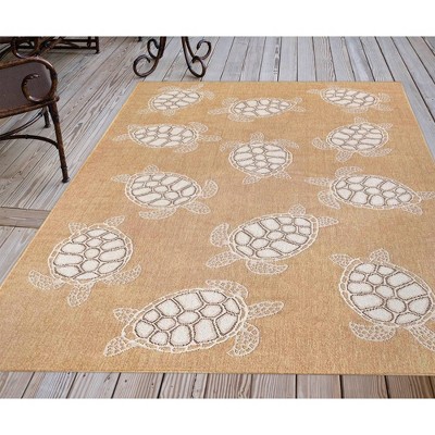 Sand Beige Synthetic Flat Woven Rectangular Rug with Sea Turtle Design