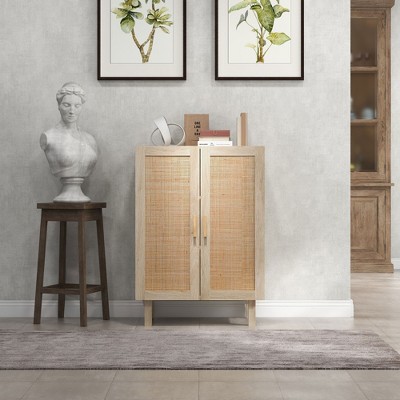 Natural MDF Storage Cabinet with Rattan Doors and Adjustable Shelves