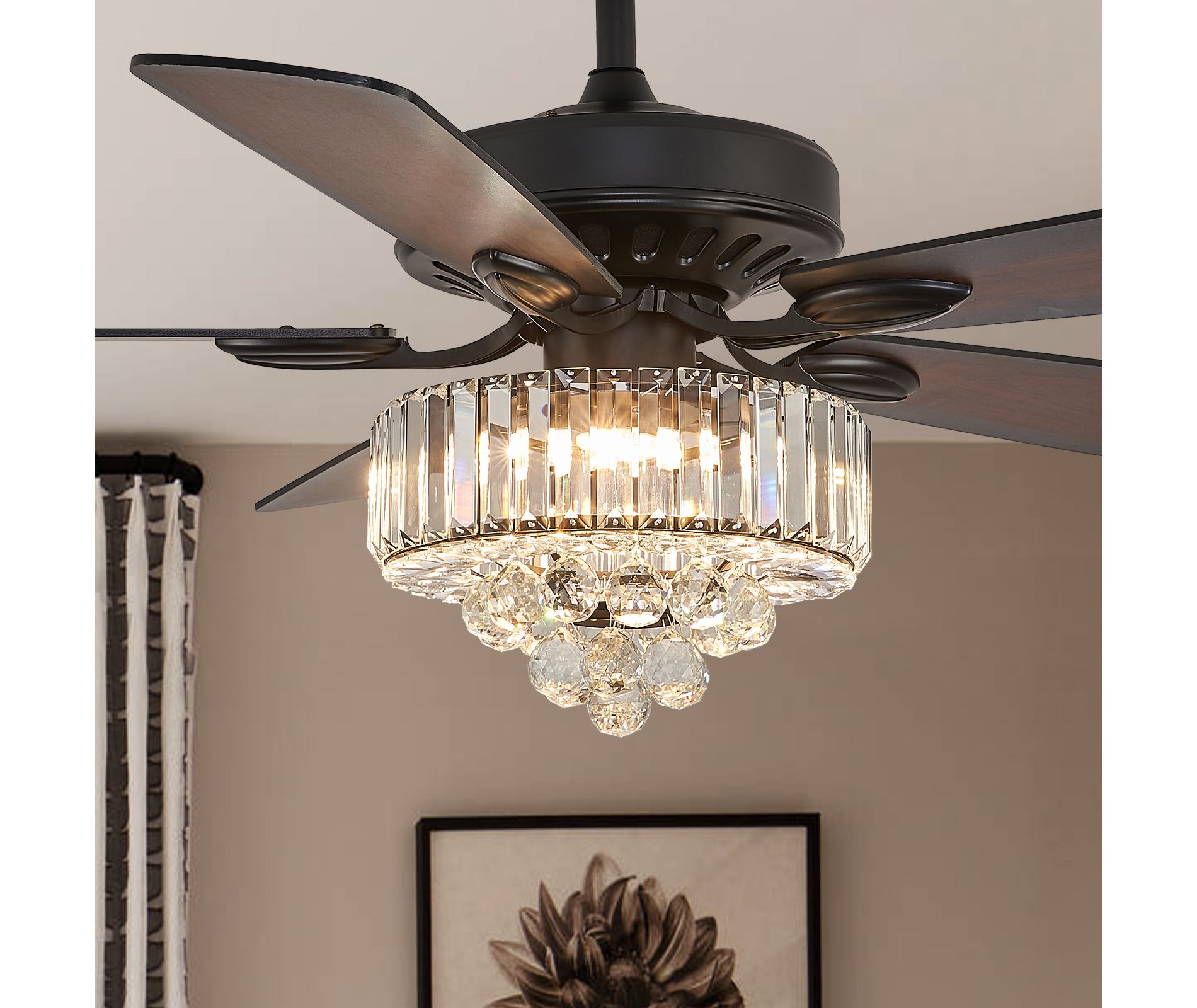 Ludomide 52" Crystal Ceiling Fan With Light And Remote Control, Luxury Black LED Chandelier  Ceiling Fan Light For Dining Room Living Room Bedroom