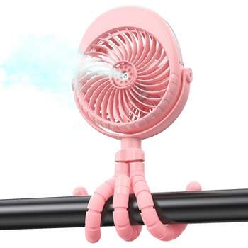 PANERGY Portable Stroller Fan with Mist, Rechargeable Misting Fan with Water Spray, 270° Pivot Personal Mister Fan with Flexible Tripods - Pink