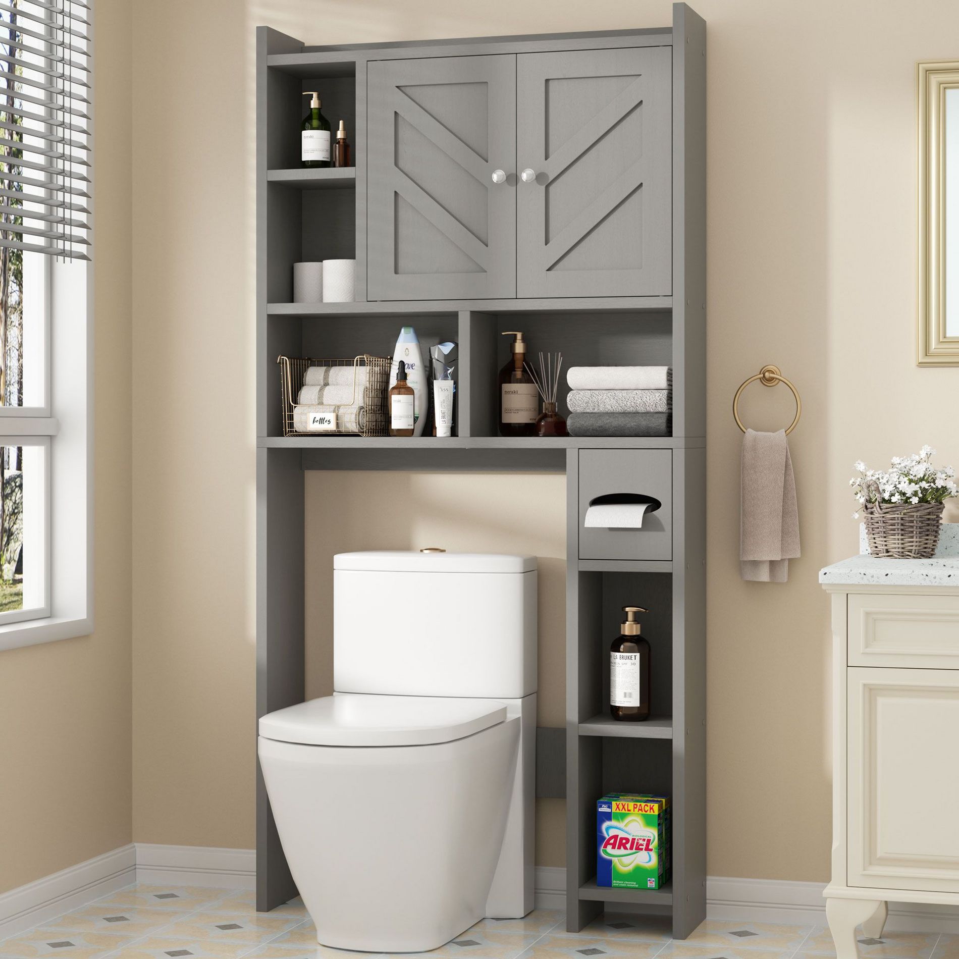 Celebalcony Over The Toilet Storage Cabinet with Barn Doors & Toilet Paper Holder for Bathroom Space Saver, Adjustable Shelf and Anti-Tip Device