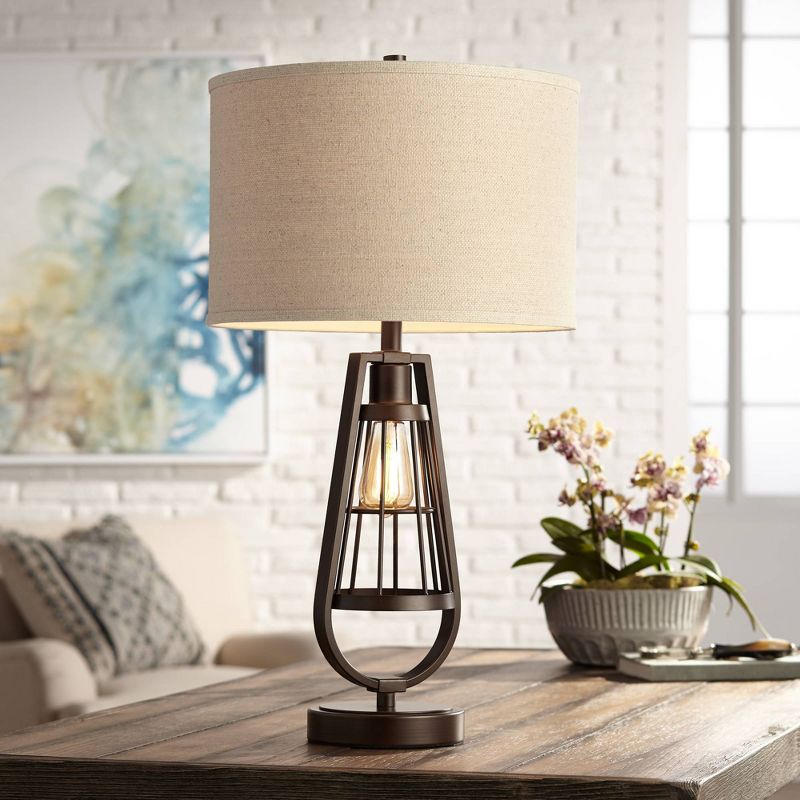 Franklin Iron Works Topher Rustic Industrial Table Lamp 27 3/4" Tall Brown with Nightlight LED Edison Burlap Drum Shade for Bedroom Living Room Office, 3 of 11