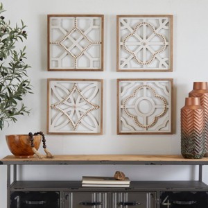 Set of 4 Wood Geometric Beaded Wall Decors White - Olivia & May: Farmhouse Style, Carved Art, Vertical Display - 1 of 4