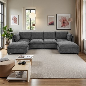140" U-Shaped Sectional Sofa with 2 Ottomans & Throw Pillows - 1 of 4