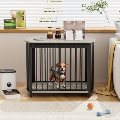 31.5" Dog Crate Furniture, Wooden Dog Kennel, Decorative Dog Cage End Table with Sliding Door, Chew-Resistant Pet House for Small to Medium Dogs